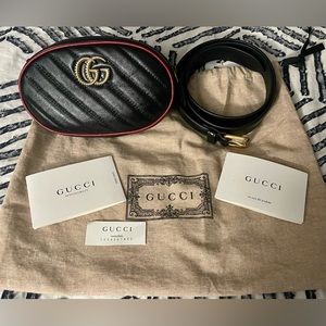 Gucci GG Marmont leather Belt Bag Black W/ Red Trim